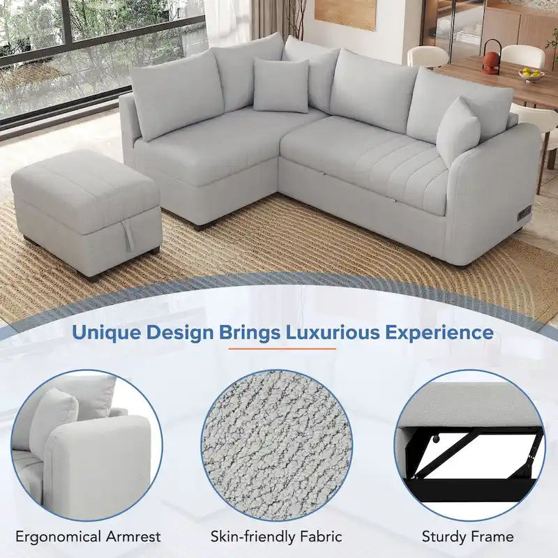 Canapé d'angle convertible MERAX en forme de L avec pouf de rangement