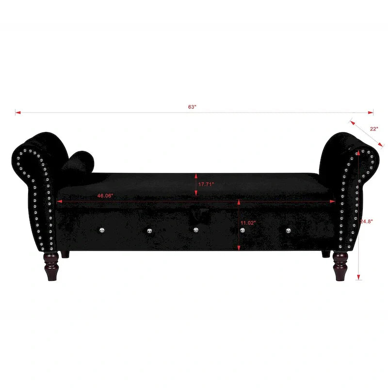 Banc de chambre en velours de 161 cm avec pieds en bois massif et 1 coussin, banc de rangement ottoman avec accoudoirs et boucles en cristal