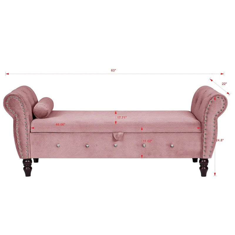 Banc de chambre en velours de 161 cm avec pieds en bois massif et 1 coussin, banc de rangement ottoman avec accoudoirs et boucles en cristal
