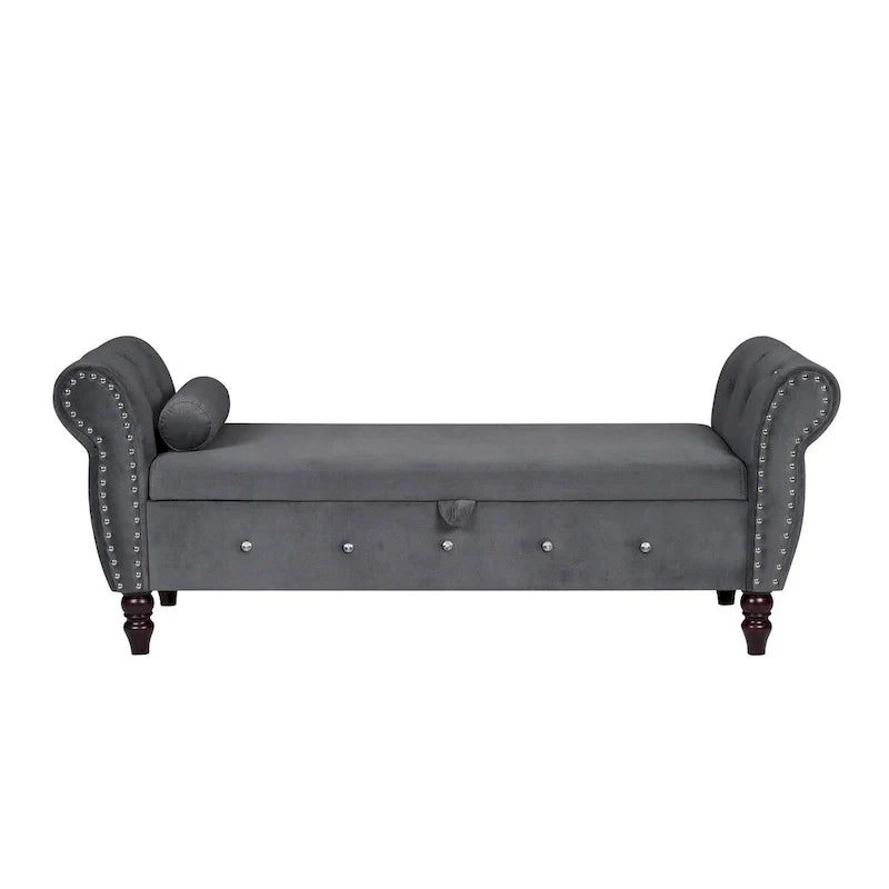 Banc de chambre en velours de 161 cm avec pieds en bois massif et 1 coussin, banc de rangement ottoman avec accoudoirs et boucles en cristal