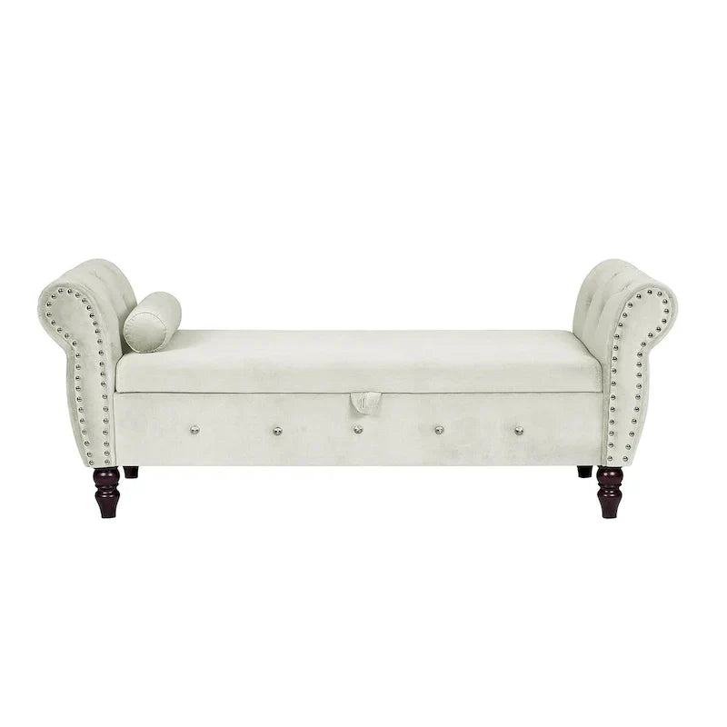 Banc de chambre en velours de 161 cm avec pieds en bois massif et 1 coussin, banc de rangement ottoman avec accoudoirs et boucles en cristal