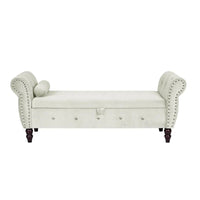 Banc de chambre en velours de 161 cm avec pieds en bois massif et 1 coussin, banc de rangement ottoman avec accoudoirs et boucles en cristal