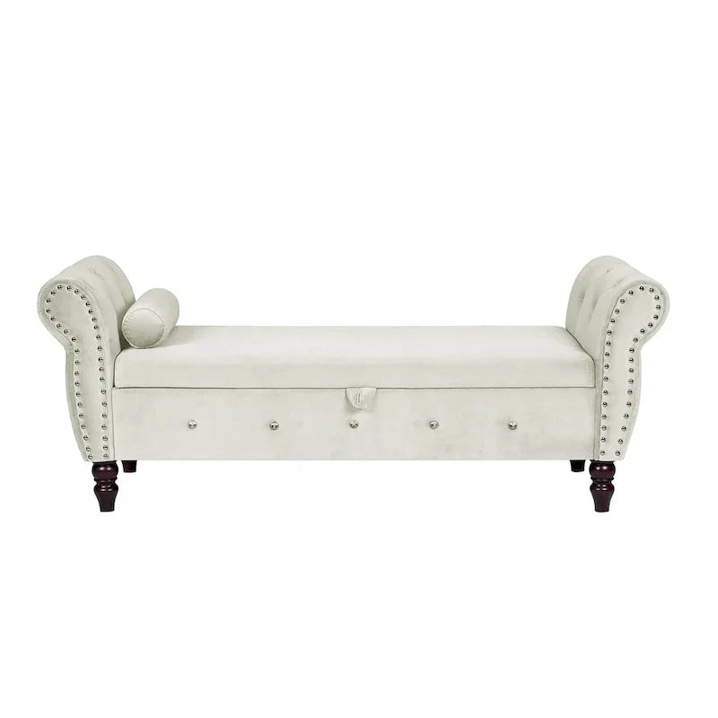 Banc de chambre en velours de 161 cm avec pieds en bois massif et 1 coussin, banc de rangement ottoman avec accoudoirs et boucles en cristal