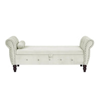 Banc de chambre en velours de 161 cm avec pieds en bois massif et 1 coussin, banc de rangement ottoman avec accoudoirs et boucles en cristal