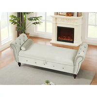 Banc de chambre en velours de 161 cm avec pieds en bois massif et 1 coussin, banc de rangement ottoman avec accoudoirs et boucles en cristal