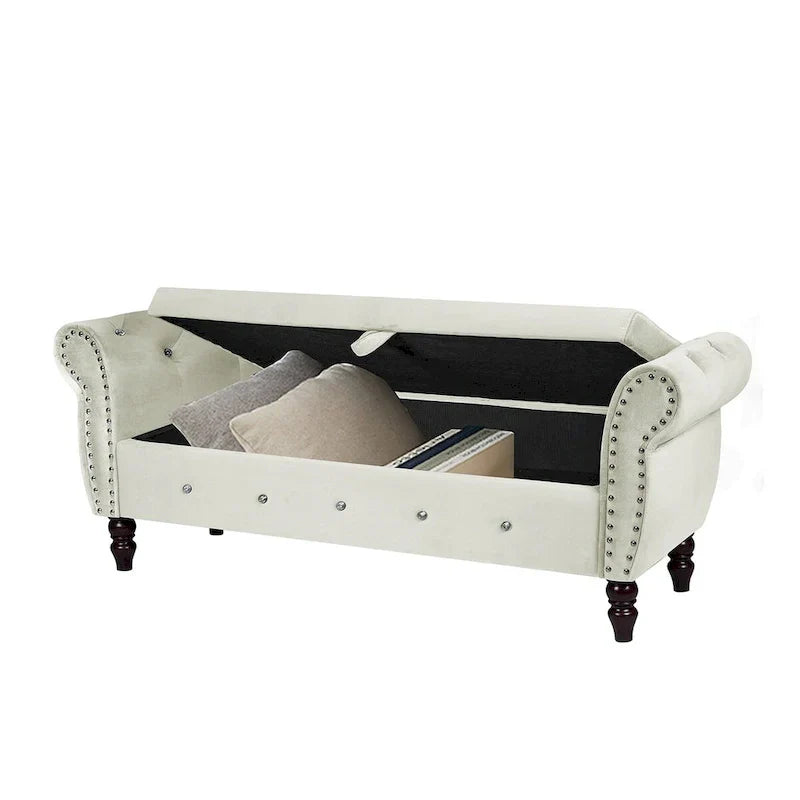 Banc de chambre en velours de 161 cm avec pieds en bois massif et 1 coussin, banc de rangement ottoman avec accoudoirs et boucles en cristal