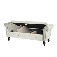Banc de chambre en velours de 161 cm avec pieds en bois massif et 1 coussin, banc de rangement ottoman avec accoudoirs et boucles en cristal