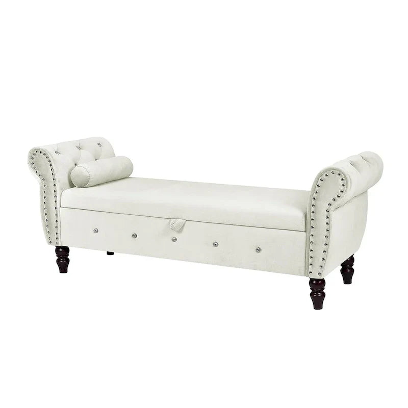 Banc de chambre en velours de 161 cm avec pieds en bois massif et 1 coussin, banc de rangement ottoman avec accoudoirs et boucles en cristal