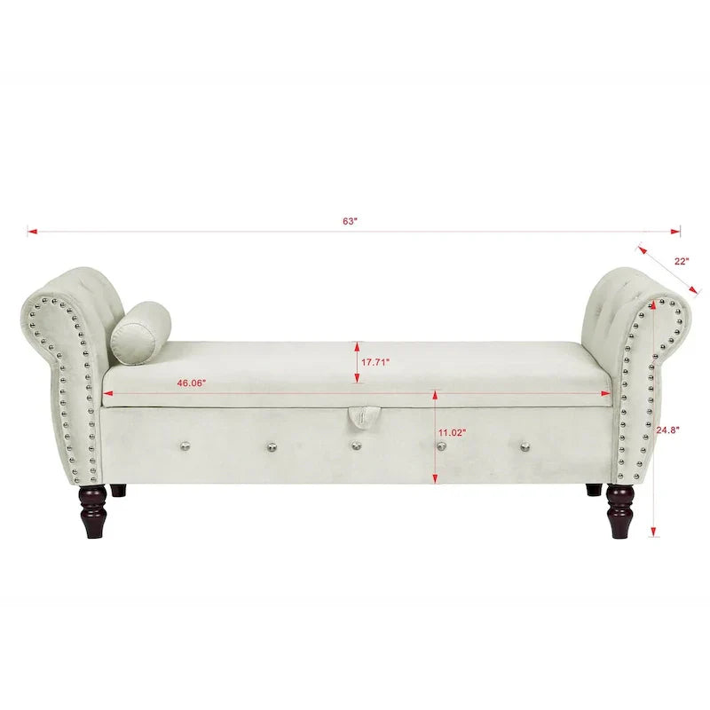 Banc de chambre en velours de 161 cm avec pieds en bois massif et 1 coussin, banc de rangement ottoman avec accoudoirs et boucles en cristal