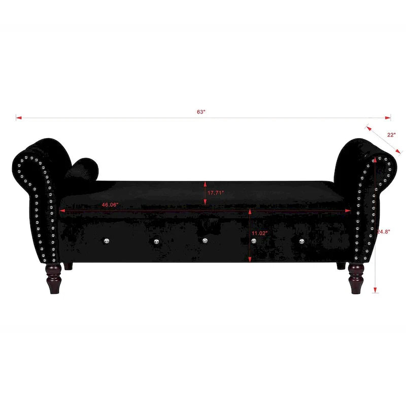 Banc de chambre en velours de 161 cm avec pieds en bois massif et 1 coussin, banc de rangement ottoman avec accoudoirs et boucles en cristal