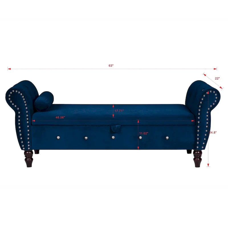 Banc de chambre en velours de 161 cm avec pieds en bois massif et 1 coussin, banc de rangement ottoman avec accoudoirs et boucles en cristal