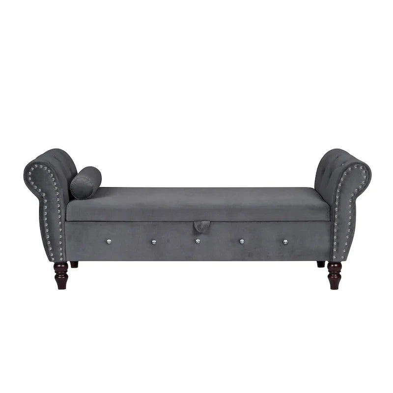 Banc de chambre en velours de 161 cm avec pieds en bois massif et 1 coussin, banc de rangement ottoman avec accoudoirs et boucles en cristal