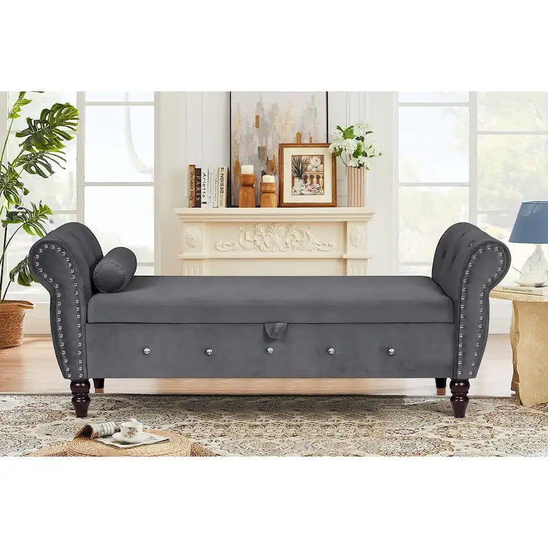 Banc de chambre en velours de 161 cm avec pieds en bois massif et 1 coussin, banc de rangement ottoman avec accoudoirs et boucles en cristal