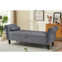 Banc de chambre en velours de 161 cm avec pieds en bois massif et 1 coussin, banc de rangement ottoman avec accoudoirs et boucles en cristal