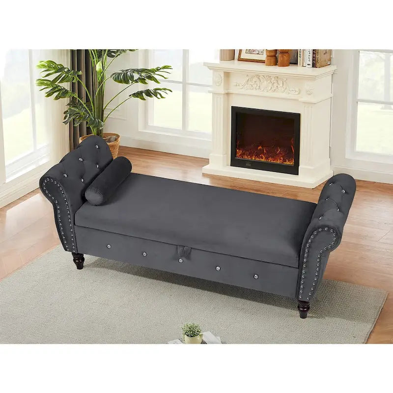 Banc de chambre en velours de 161 cm avec pieds en bois massif et 1 coussin, banc de rangement ottoman avec accoudoirs et boucles en cristal
