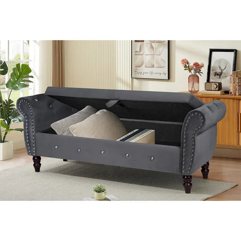 Banc de chambre en velours de 161 cm avec pieds en bois massif et 1 coussin, banc de rangement ottoman avec accoudoirs et boucles en cristal