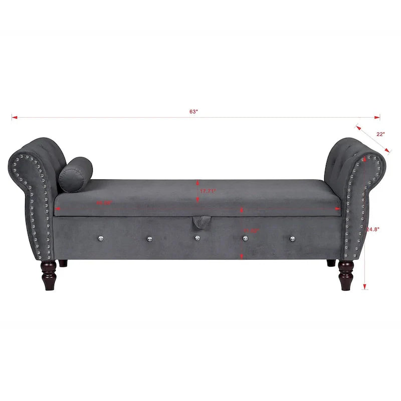Banc de chambre en velours de 161 cm avec pieds en bois massif et 1 coussin, banc de rangement ottoman avec accoudoirs et boucles en cristal