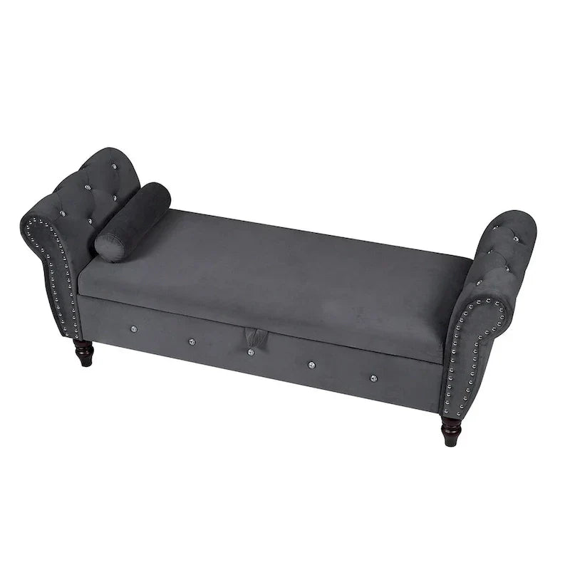 Banc de chambre en velours de 161 cm avec pieds en bois massif et 1 coussin, banc de rangement ottoman avec accoudoirs et boucles en cristal