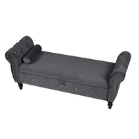 Banc de chambre en velours de 161 cm avec pieds en bois massif et 1 coussin, banc de rangement ottoman avec accoudoirs et boucles en cristal