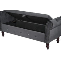 Banc de chambre en velours de 161 cm avec pieds en bois massif et 1 coussin, banc de rangement ottoman avec accoudoirs et boucles en cristal