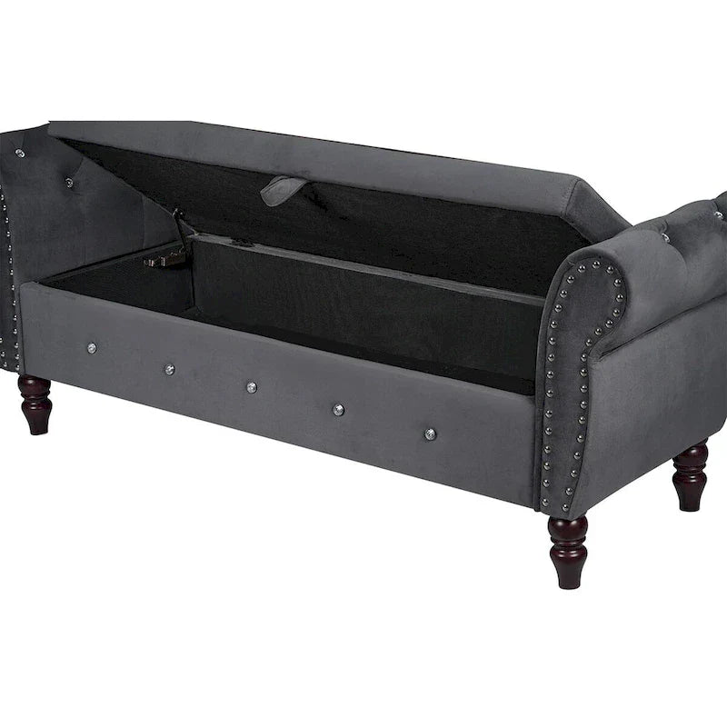 Banc de chambre en velours de 161 cm avec pieds en bois massif et 1 coussin, banc de rangement ottoman avec accoudoirs et boucles en cristal