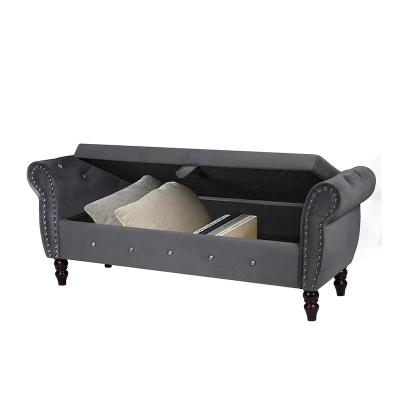 Banc de chambre en velours de 161 cm avec pieds en bois massif et 1 coussin, banc de rangement ottoman avec accoudoirs et boucles en cristal