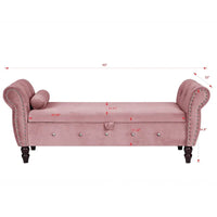 Banc de chambre en velours de 161 cm avec pieds en bois massif et 1 coussin, banc de rangement ottoman avec accoudoirs et boucles en cristal