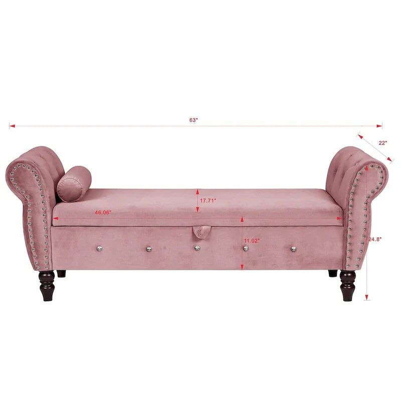 Banc de chambre en velours de 161 cm avec pieds en bois massif et 1 coussin, banc de rangement ottoman avec accoudoirs et boucles en cristal