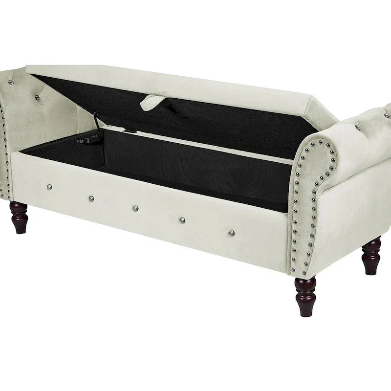 Banc de chambre en velours de 161 cm avec pieds en bois massif et 1 coussin, banc de rangement ottoman avec accoudoirs et boucles en cristal