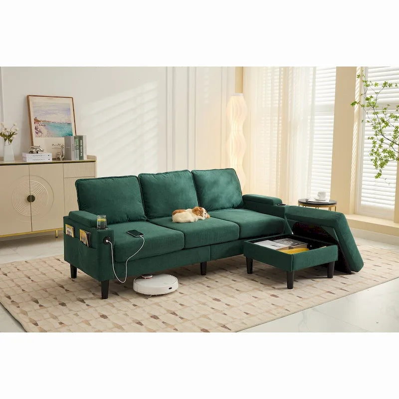 Canapé sectionnel 3 places en forme de L avec ottoman de rangement