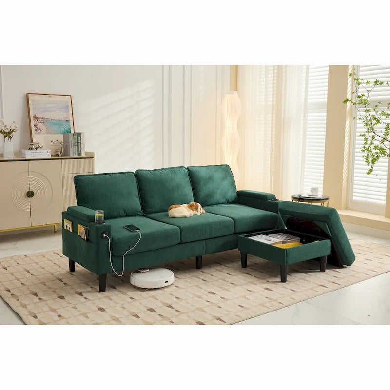 Canapé sectionnel 3 places en forme de L avec ottoman de rangement