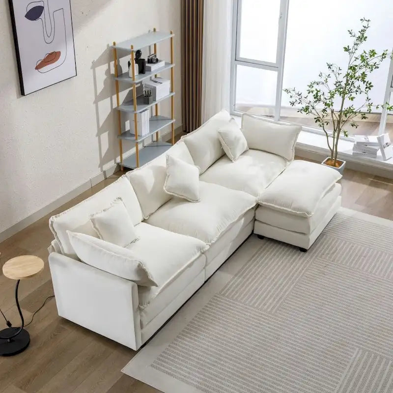 Canapé Rembourré en Chenille Forme L 112.2 pouces pour Salon, Canapé de Luxe Moderne avec Pouf
