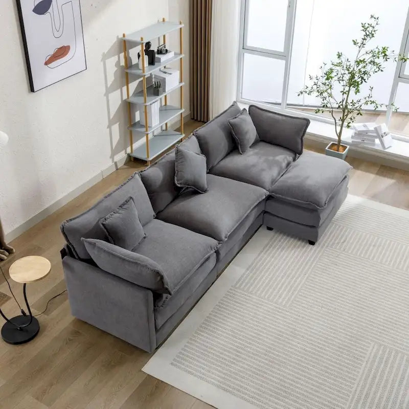 Canapé Rembourré en Chenille Forme L 112.2 pouces pour Salon, Canapé de Luxe Moderne avec Pouf