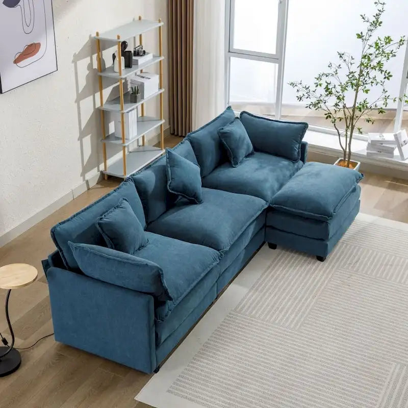 Canapé Rembourré en Chenille Forme L 112.2 pouces pour Salon, Canapé de Luxe Moderne avec Pouf