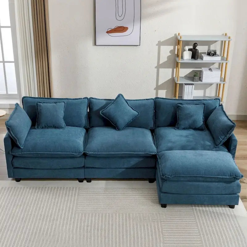 Canapé Rembourré en Chenille Forme L 112.2 pouces pour Salon, Canapé de Luxe Moderne avec Pouf