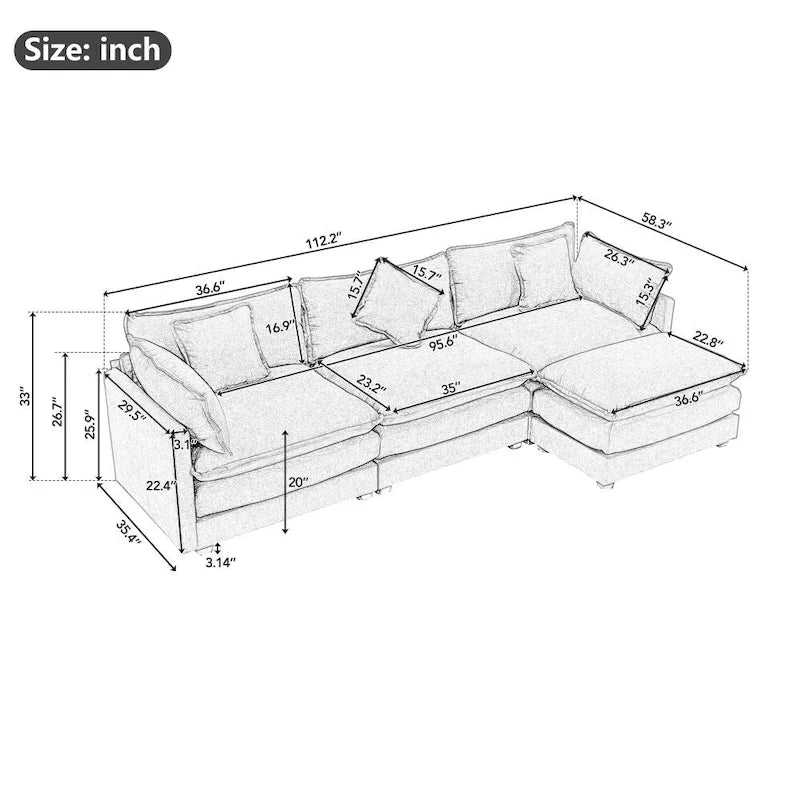 Canapé Rembourré en Chenille Forme L 112.2 pouces pour Salon, Canapé de Luxe Moderne avec Pouf