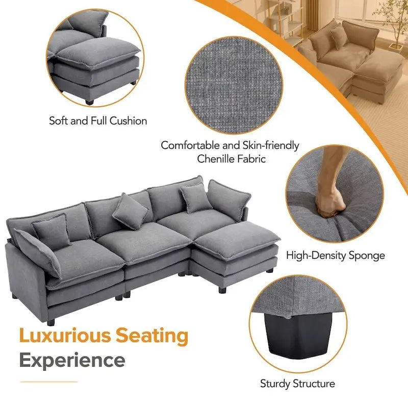 Canapé Rembourré en Chenille Forme L 112.2 pouces pour Salon, Canapé de Luxe Moderne avec Pouf