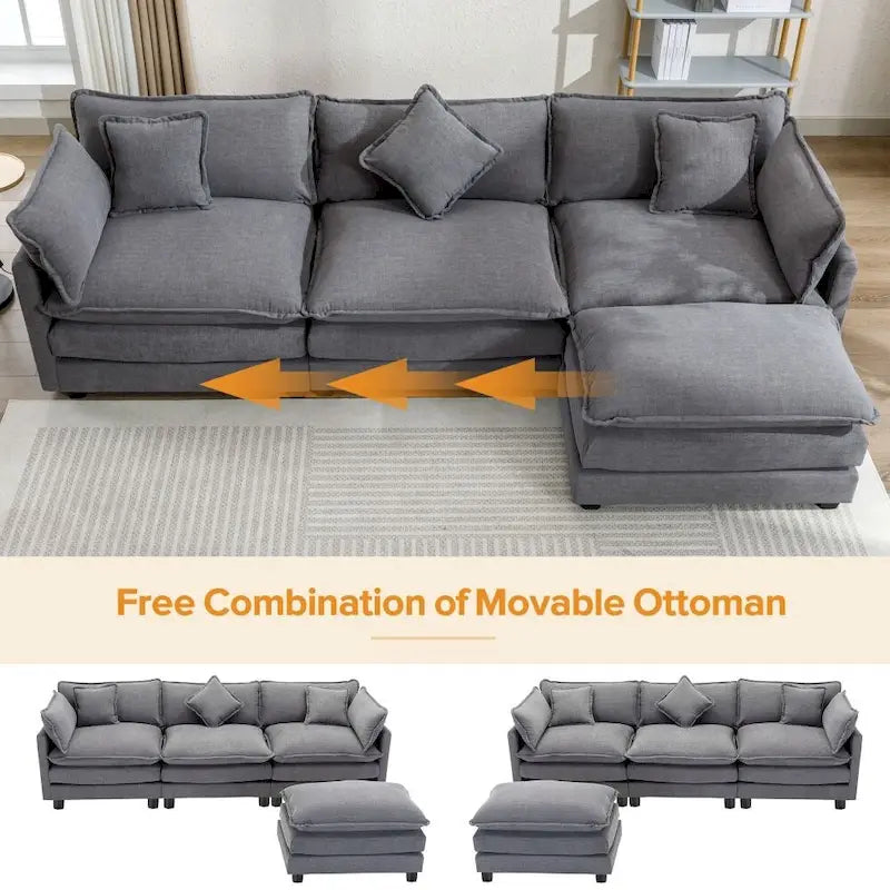 Canapé Rembourré en Chenille Forme L 112.2 pouces pour Salon, Canapé de Luxe Moderne avec Pouf