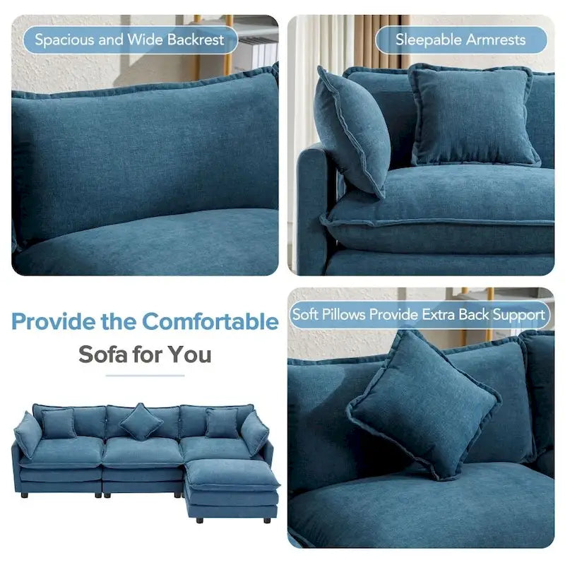 Canapé Rembourré en Chenille Forme L 112.2 pouces pour Salon, Canapé de Luxe Moderne avec Pouf