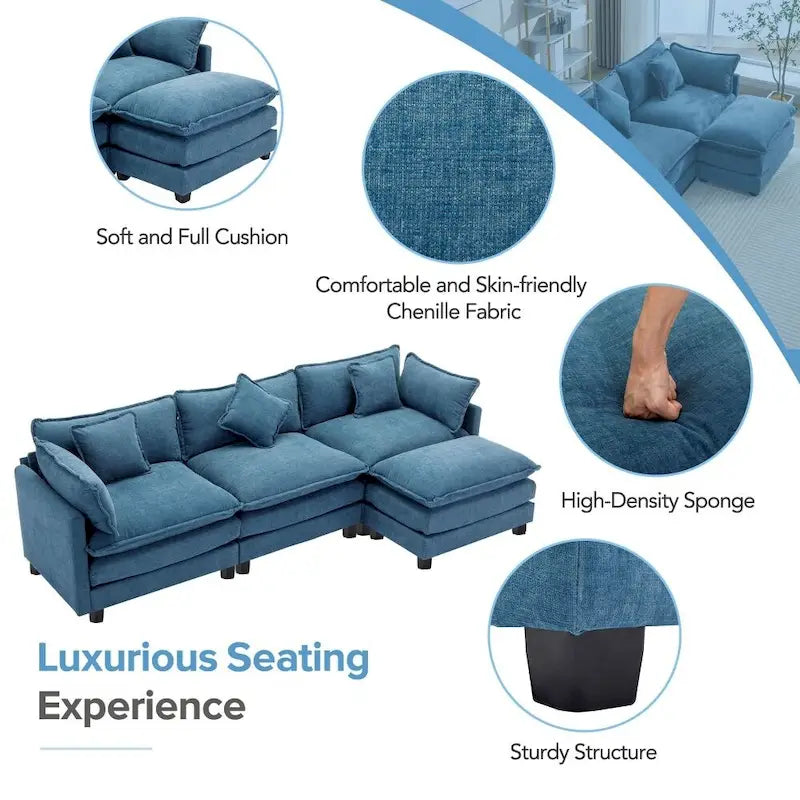 Canapé Rembourré en Chenille Forme L 112.2 pouces pour Salon, Canapé de Luxe Moderne avec Pouf