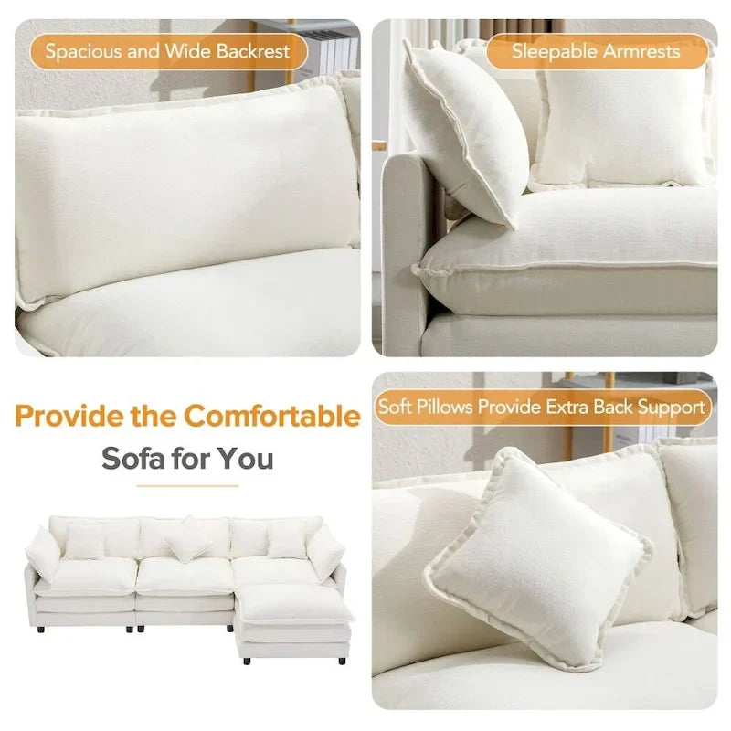 Canapé Rembourré en Chenille Forme L 112.2 pouces pour Salon, Canapé de Luxe Moderne avec Pouf