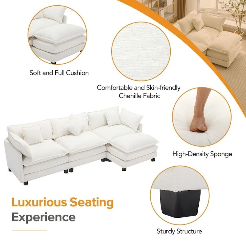 Canapé Rembourré en Chenille Forme L 112.2 pouces pour Salon, Canapé de Luxe Moderne avec Pouf