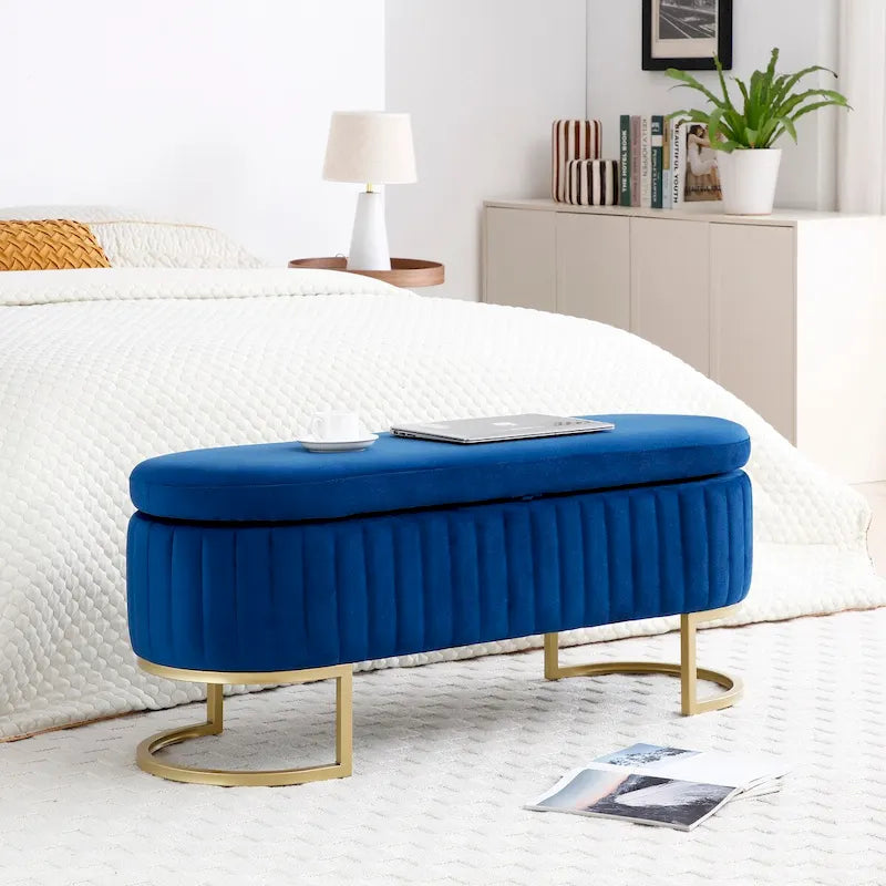 Banc de rangement de chambre, banc de pied de lit ovale rembourré en velours avec pieds en métal doré, banc ottoman de rangement 50