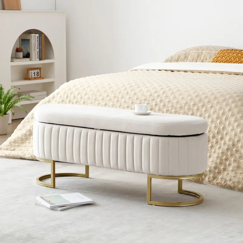 Banc de rangement de chambre, banc de pied de lit ovale rembourré en velours avec pieds en métal doré, banc ottoman de rangement 50