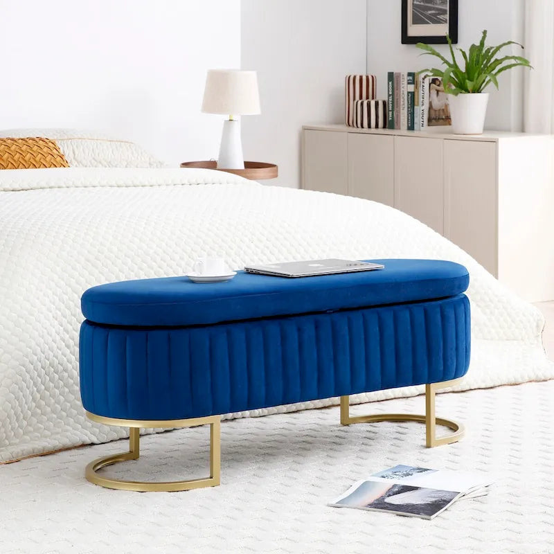 Banc de rangement de chambre, banc de pied de lit ovale rembourré en velours avec pieds en métal doré, banc ottoman de rangement 50