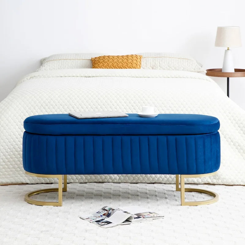 Banc de rangement de chambre, banc de pied de lit ovale rembourré en velours avec pieds en métal doré, banc ottoman de rangement 50