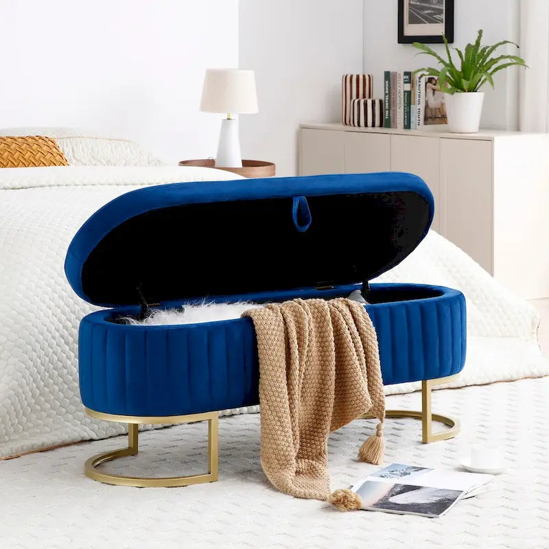Banc de rangement de chambre, banc de pied de lit ovale rembourré en velours avec pieds en métal doré, banc ottoman de rangement 50
