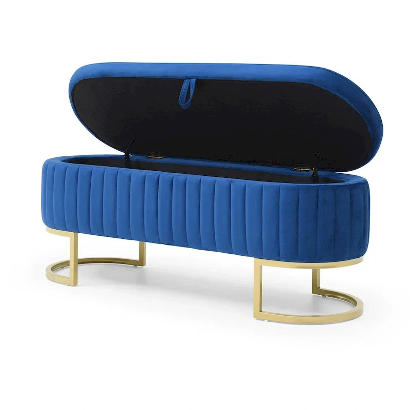 Banc de rangement de chambre, banc de pied de lit ovale rembourré en velours avec pieds en métal doré, banc ottoman de rangement 50