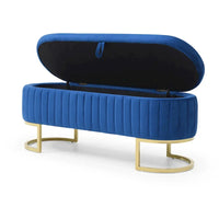 Banc de rangement pour chambre à coucher, banc capitonné ovale en velours pour bout de lit avec pieds en métal doré, banc ottoman de rangement 50