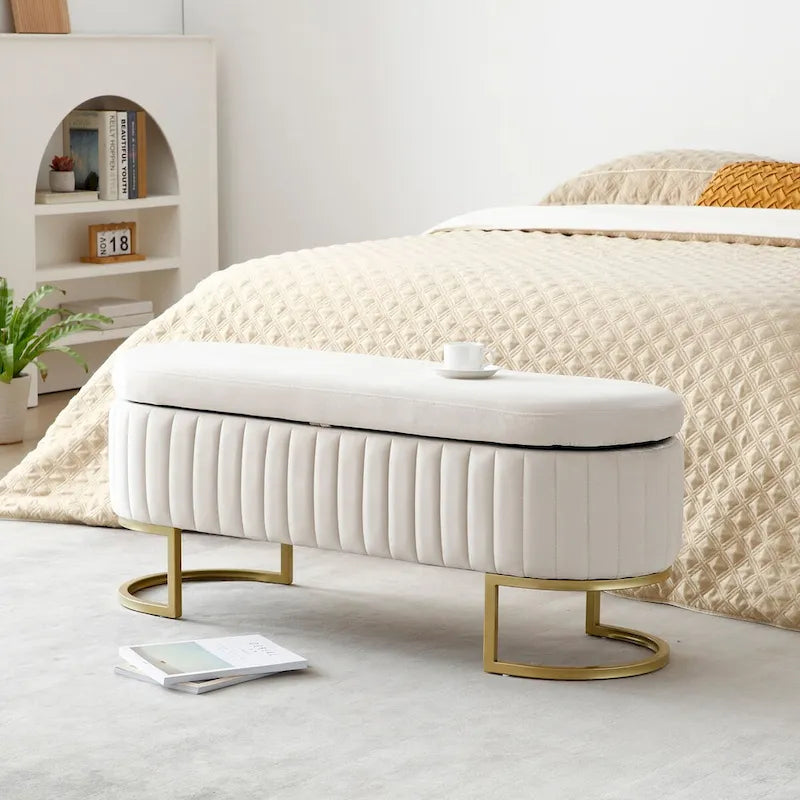 Banc de rangement de chambre, banc de pied de lit ovale rembourré en velours avec pieds en métal doré, banc ottoman de rangement 50